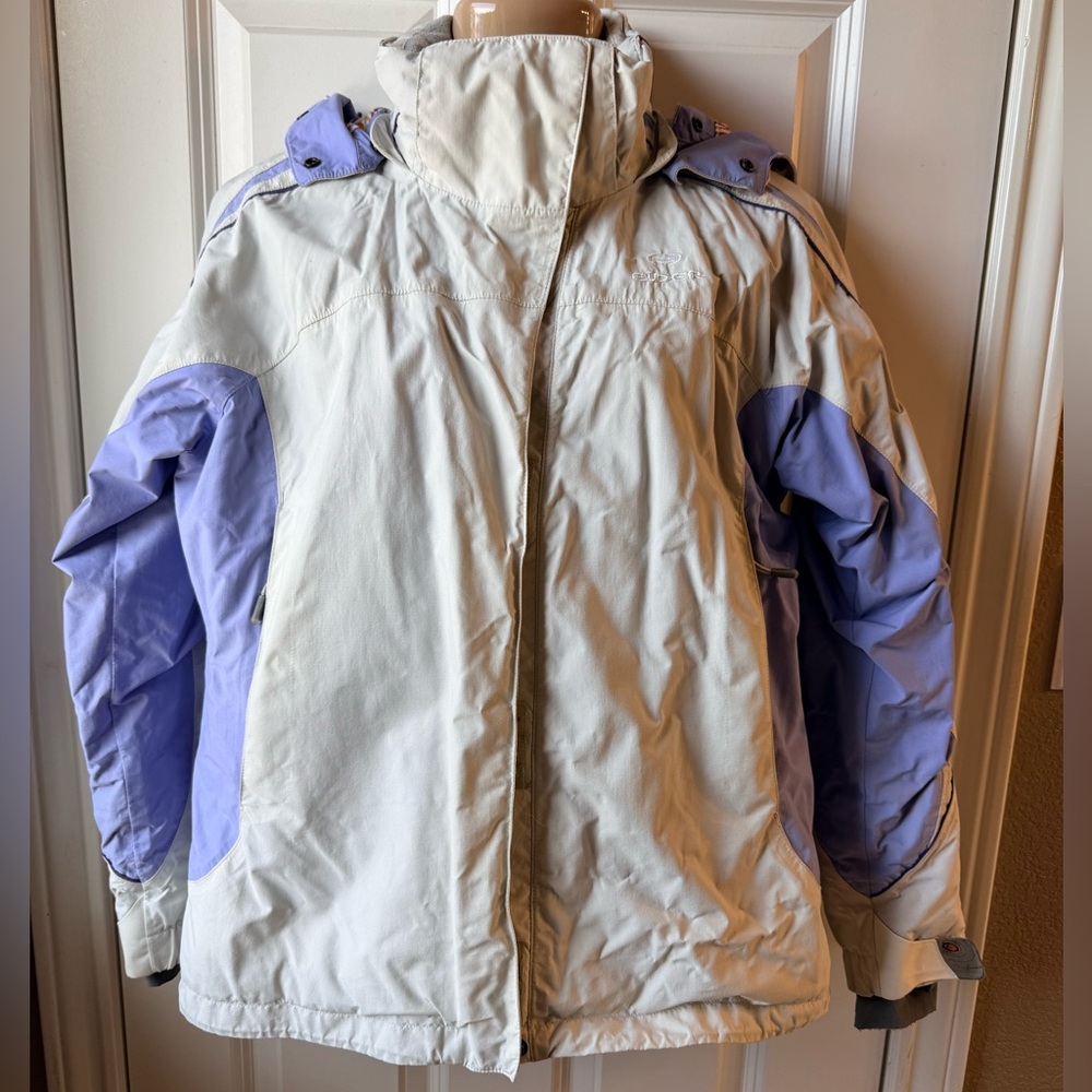 Women's White and Purple Ski Snowboard Jacket with Synch Hood & Sleeve Gaiters